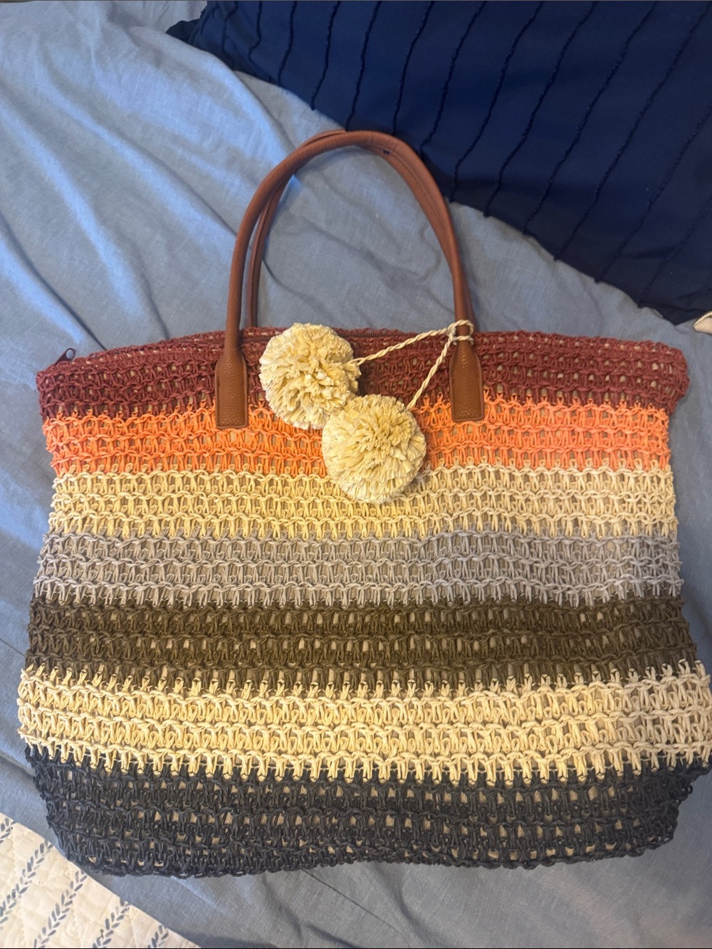 Merona Multicolor Striped Crochet Tote with Pom-Pom Accents